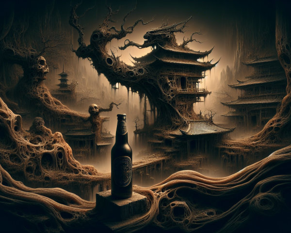 Surreal Landscape with Solitary Bottle and Ghostly Figures