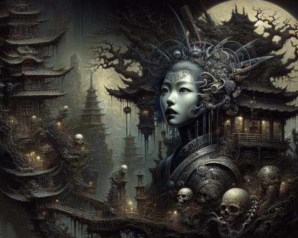 Surreal Landscape with Mystical Figure and Pagodas