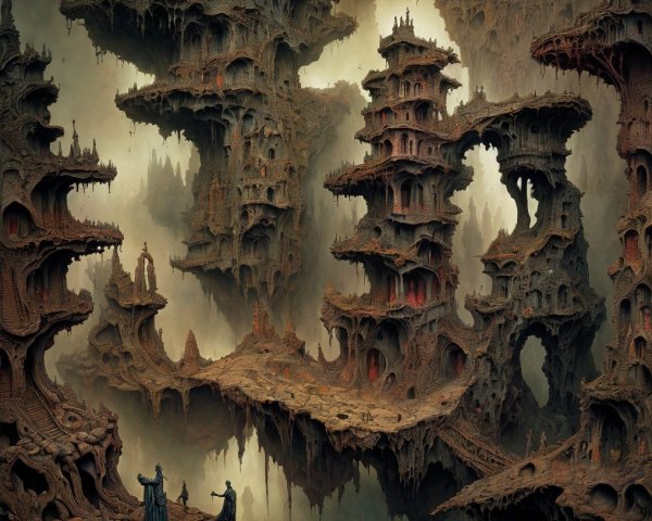 Surreal landscape with warped structures and figures