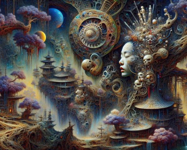 Surreal Landscape of Clockwork and Organic Forms