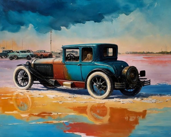 Vintage Blue Car in Colorful Landscape Scene