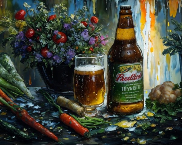 Vibrant Still Life with Beer, Vegetables, and Flowers