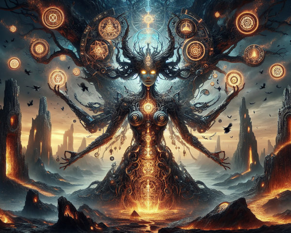 Majestic figure in surreal landscape with glowing symbols
