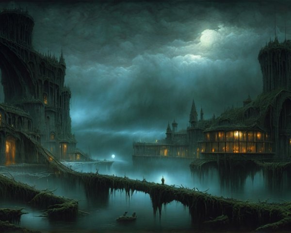 Dreamlike Landscape with Twisted Structures and Moonlight