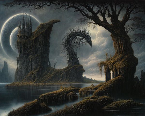 Twisted Dragon Figure in Enchanted Landscape Scene