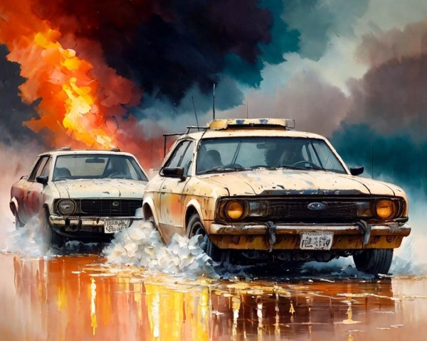 Vintage Cars Racing Through Flooded Landscape with Explosion