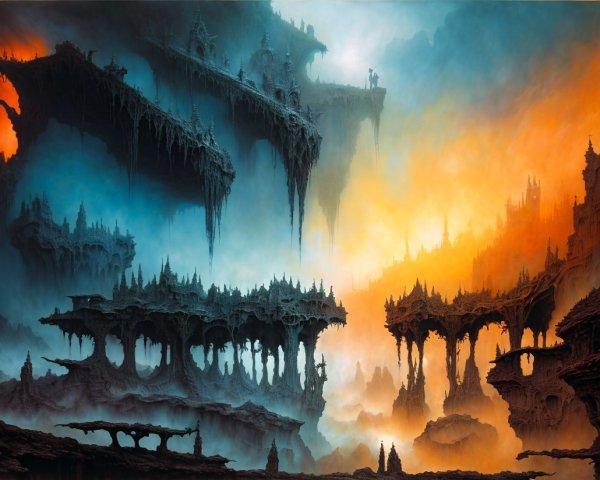 Surreal Landscape with Jagged Rocks and Floating Islands