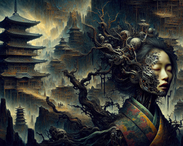 Female Cyborg in Traditional Japanese Attire and Temples