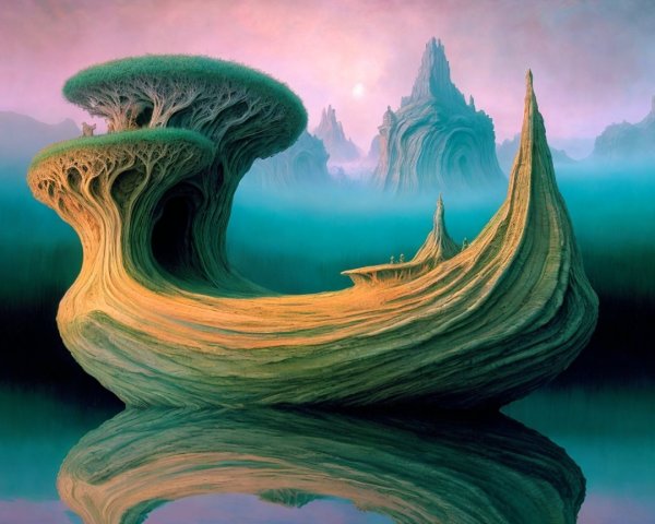 Surreal Island Landscape with Mystical Mountains