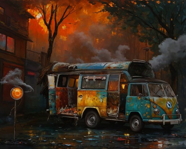 Abandoned Volkswagen Bus in Autumn Foggy Setting
