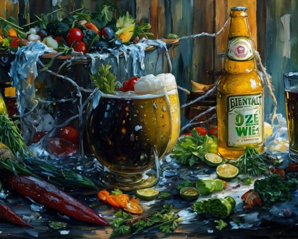 Vibrant Still Life of Beverages and Fresh Vegetables