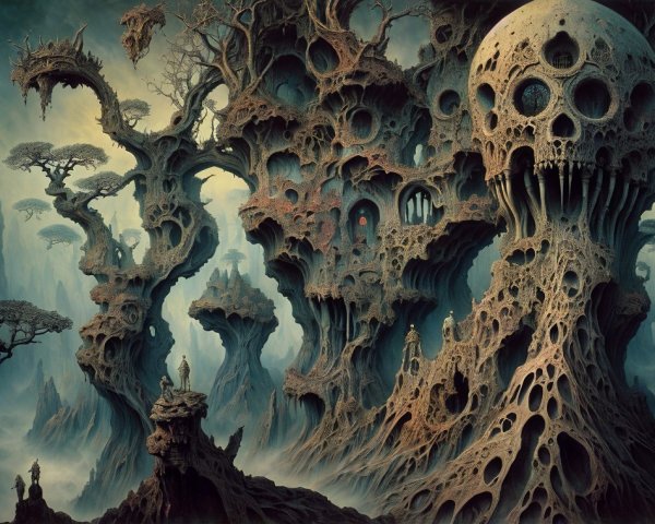 Surreal Landscape with Twisted Structures and Mist