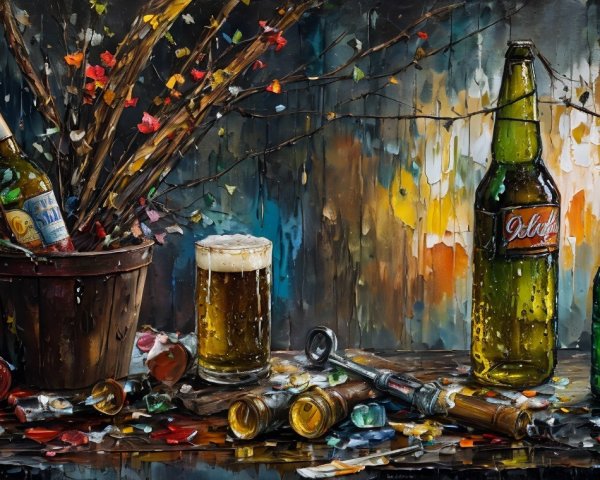 Lively Still Life of Beer Bottles and Leaves