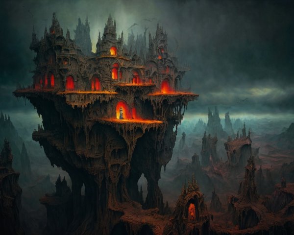 Twisted Fortress in a Haunting Stormy Landscape