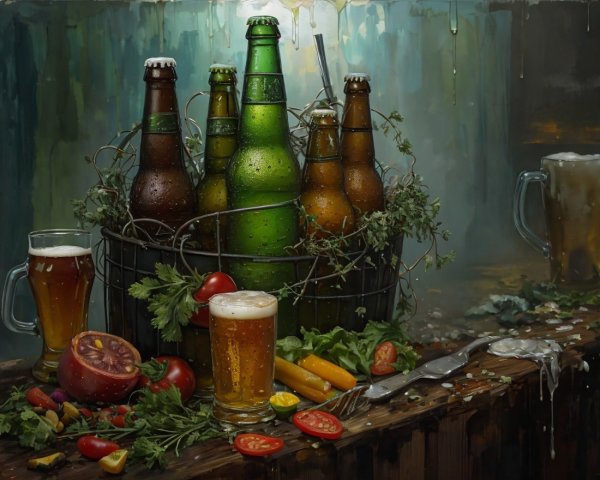 Rustic Table with Beer Bottles and Fresh Vegetables