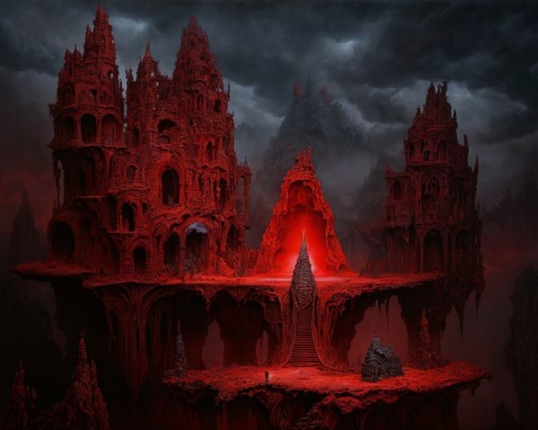 Surreal Gothic Landscape with Ominous Red Hues