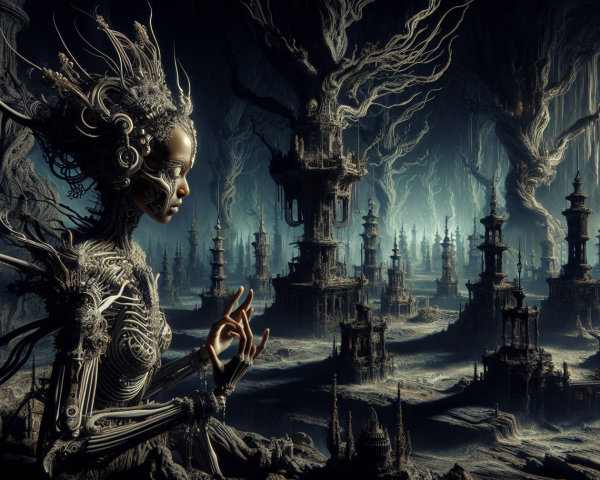 Surreal Dystopian Landscape with Humanoid Figure