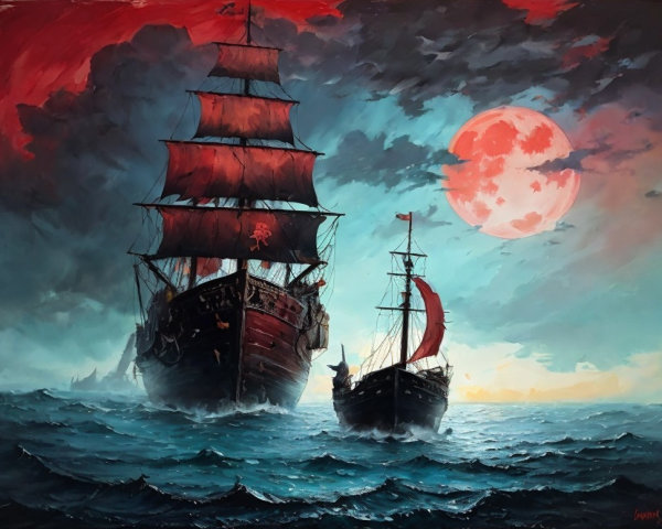 Two Ships in Tumultuous Waves Under Crimson Sky