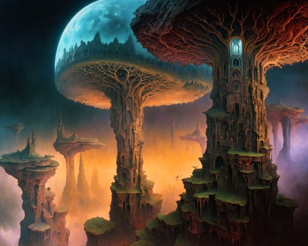 Surreal Landscape with Towering Mushroom Structures