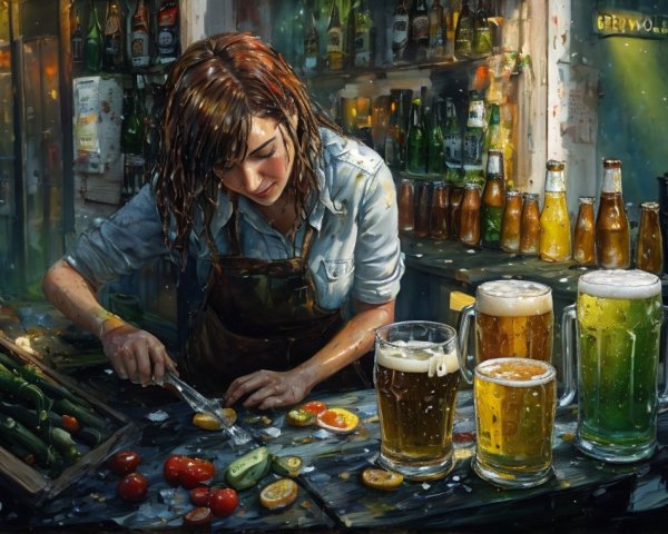 Woman Prepares Ingredients in Lively Bar Setting