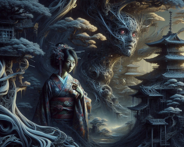 Surreal Digital Painting of a Woman in Kimono Landscape