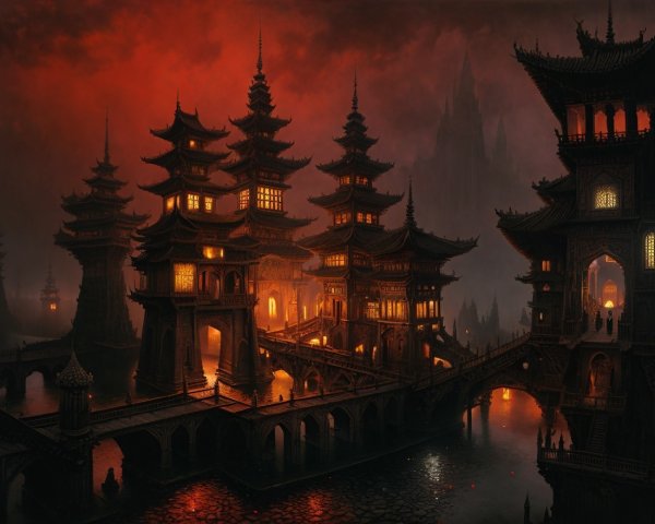 Mystical Landscape with Illuminated Pagodas and Bridges