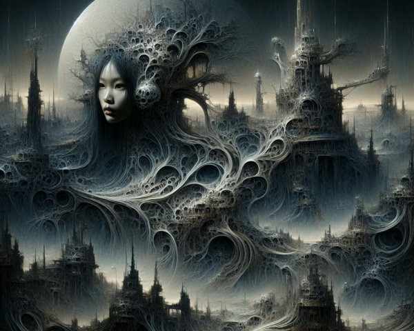 Surreal Dark Landscape with Organic Cityscape Elements