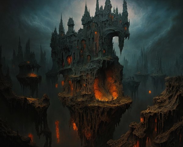 Gothic Castle in Eerie Misty Landscape with Shadows