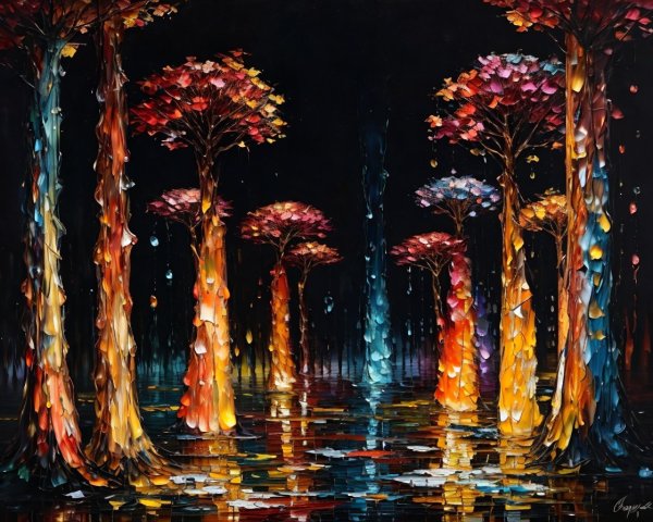 Vibrant Abstract Forest Scene with Colorful Trees