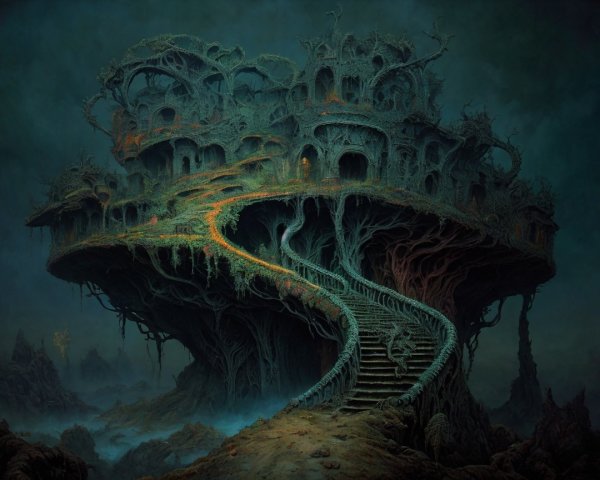 Surreal Landscape with Twisted Treehouse on Mountain