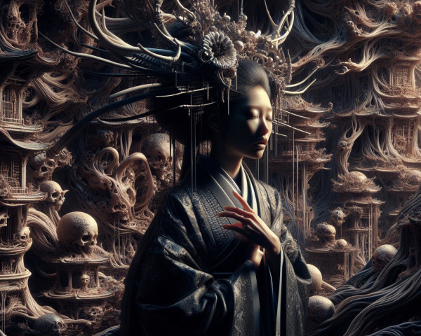 Stylized Dark Scene with East Asian Aesthetic Elements