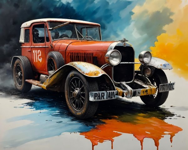 Vintage Race Car with Number 112 Against Colorful Backdrop