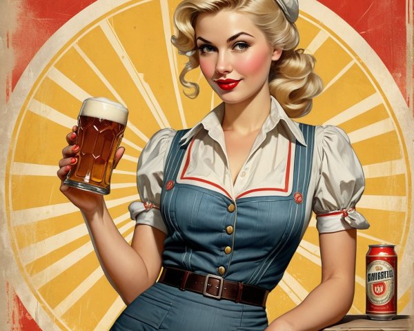 Vintage Illustration of Glamorous Beer Maid in Denim