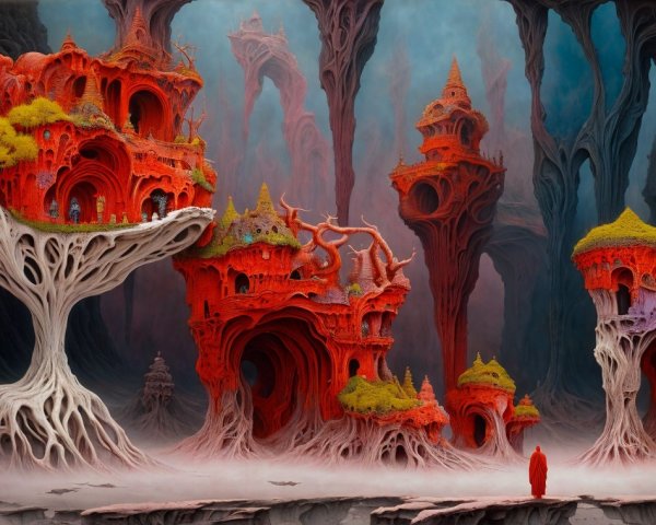 Surreal Landscape with Crimson Structures and Cloaked Figure
