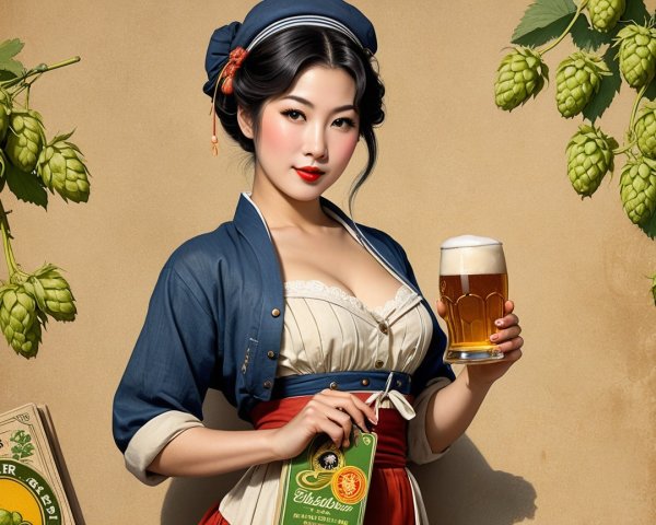 Vintage Woman with Beer in Classic Brewery Setting
