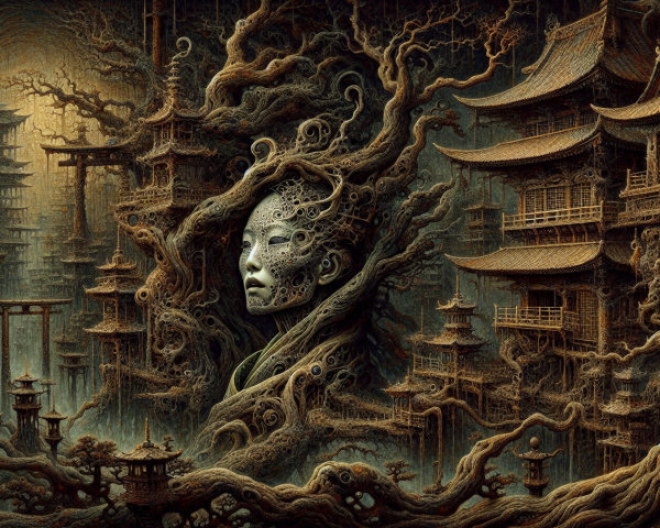 Surreal Landscape with Humanoid Figure and Ancient Structures