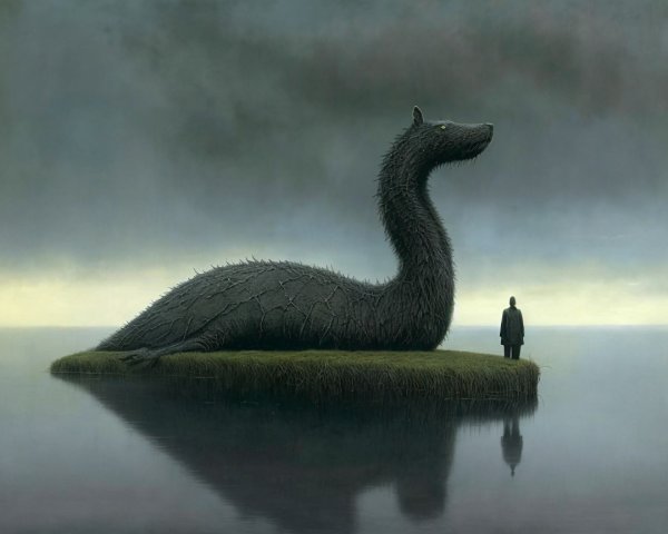 Misty Landscape with Colossal Dark Sea Serpent
