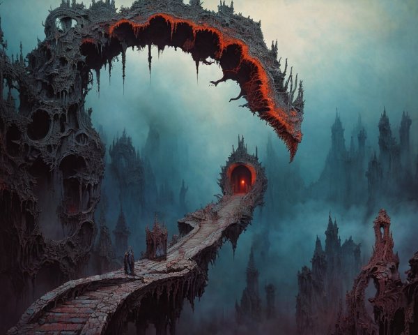 Surreal Landscape with Gothic Structures and Fog