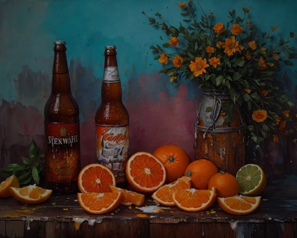 Frosty Beer Bottles with Oranges and Flowers