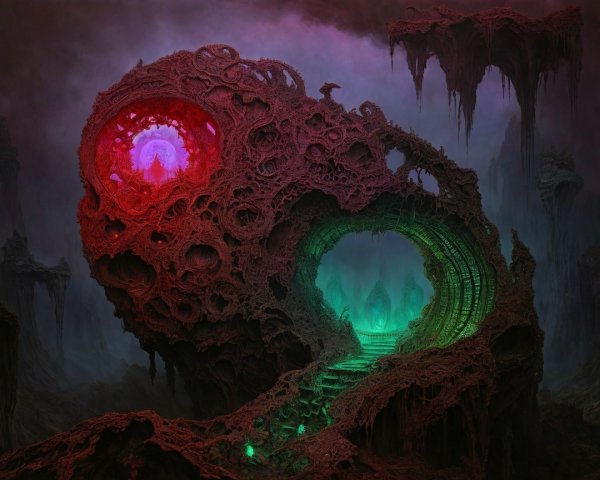 Surreal Landscape with Giant Skull Structure and Lights