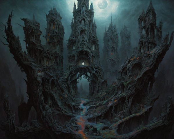 Dark Surreal Landscape with Gothic Structures and Moon
