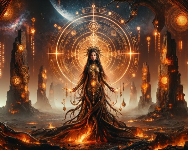 Mystical Figure in Ethereal Landscape with Cosmic Elements