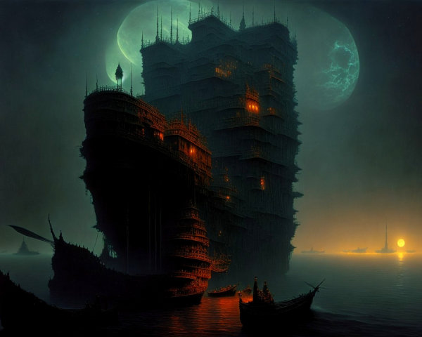 Surreal Twilight Scene with Colossal Ship Structure