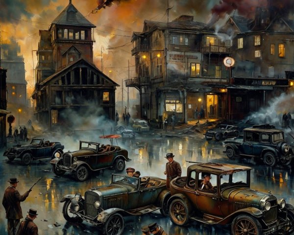 Vintage City Scene with Classic Cars and Rain Reflections