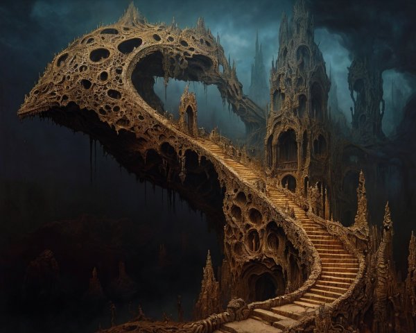 Surreal Landscape with Twisted Staircase and Skeleton Structure