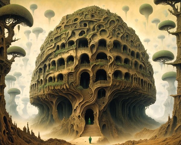 Surreal Landscape with Organic Mushroom Building