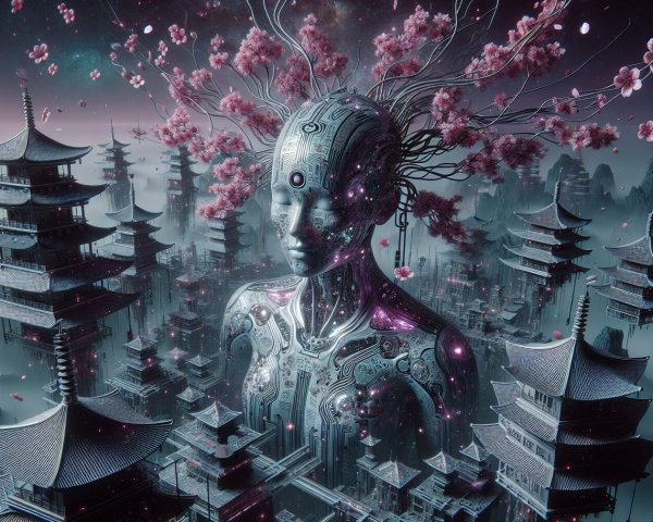 Cyberpunk Digital Art of a Goddess Robot in Cityscape