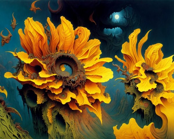 Surreal Landscape with Vibrant Yellow Flowers and Moon