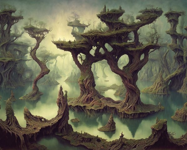 Surreal Dreamlike Landscape with Gnarled Trees and Mist