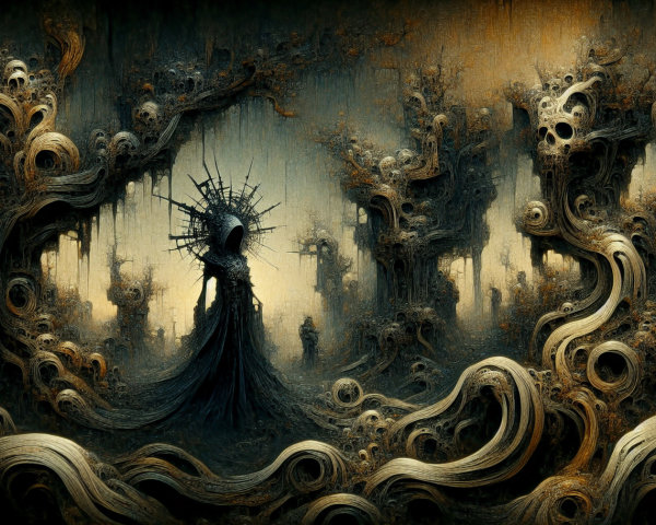 Surreal Landscape with Twisted Trees and Ghostly Figures